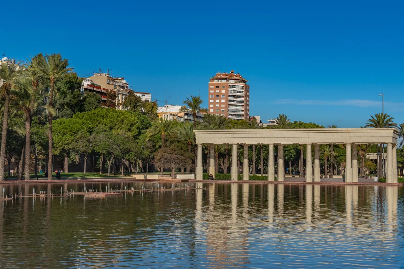 Greenery and surrounding buildings at the Turia Gardens in Valencia.