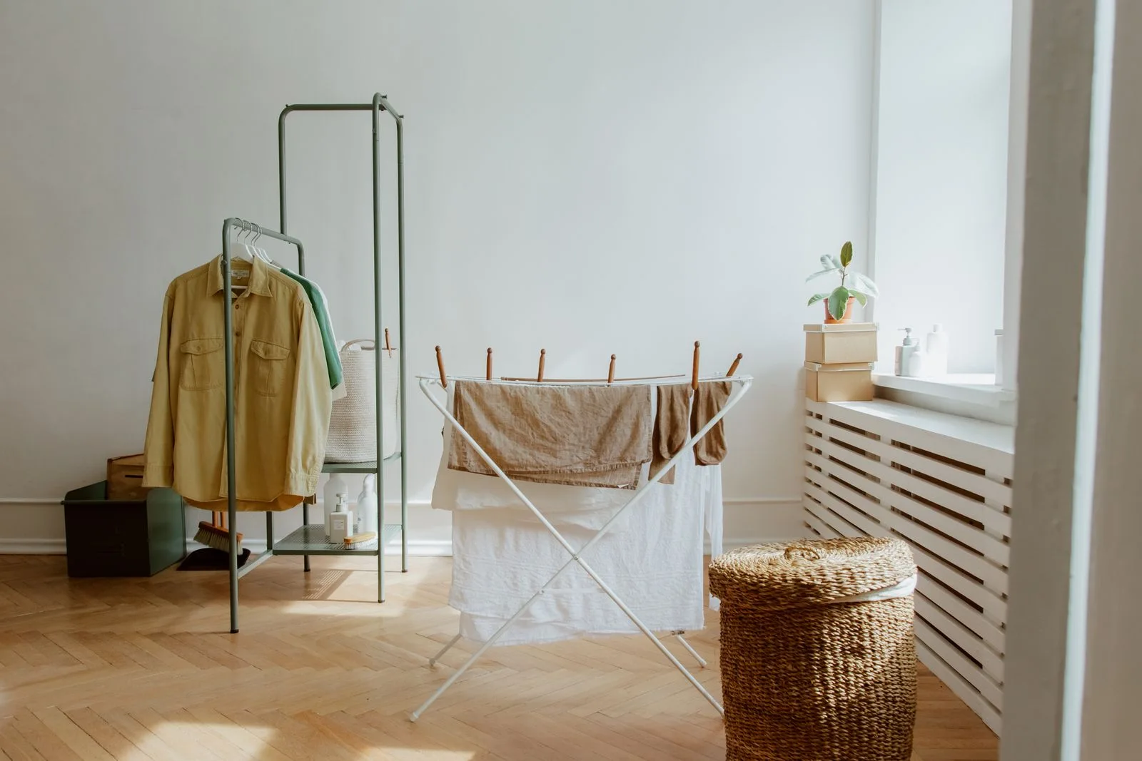 Clothing hanging to dry in a laundry room