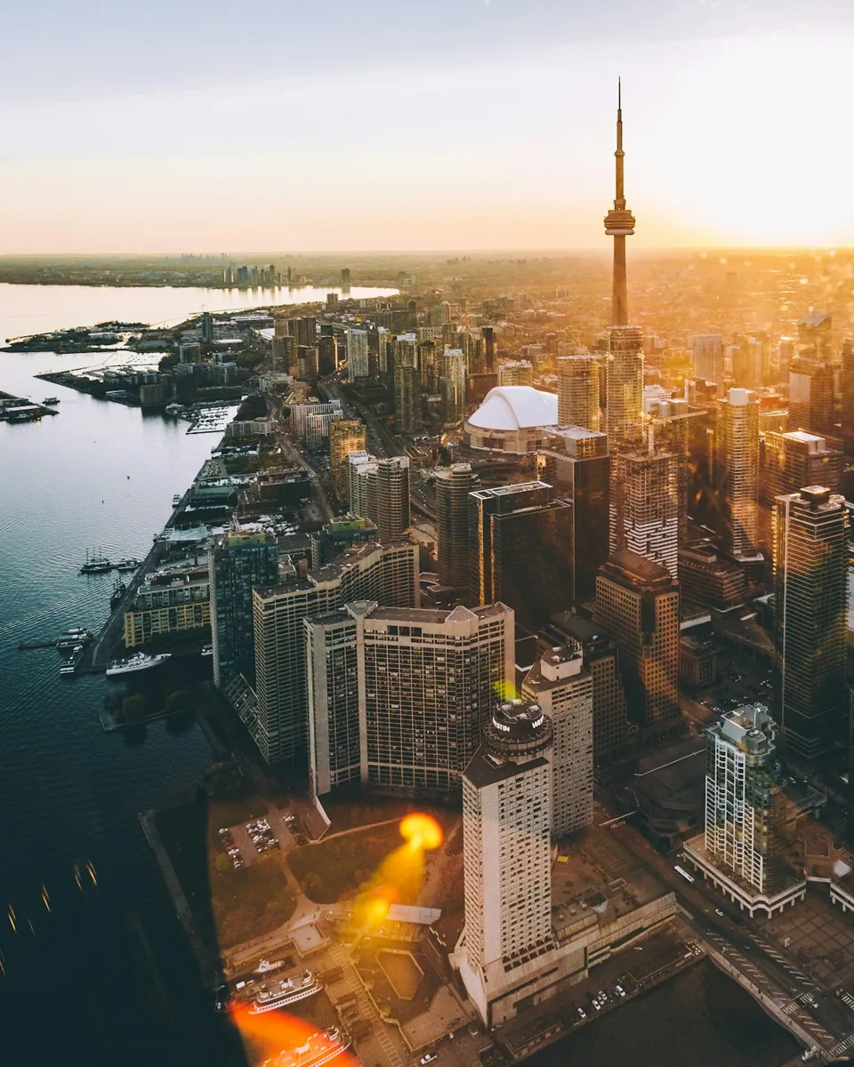An aerial view of Vancouver buildings beside the water
